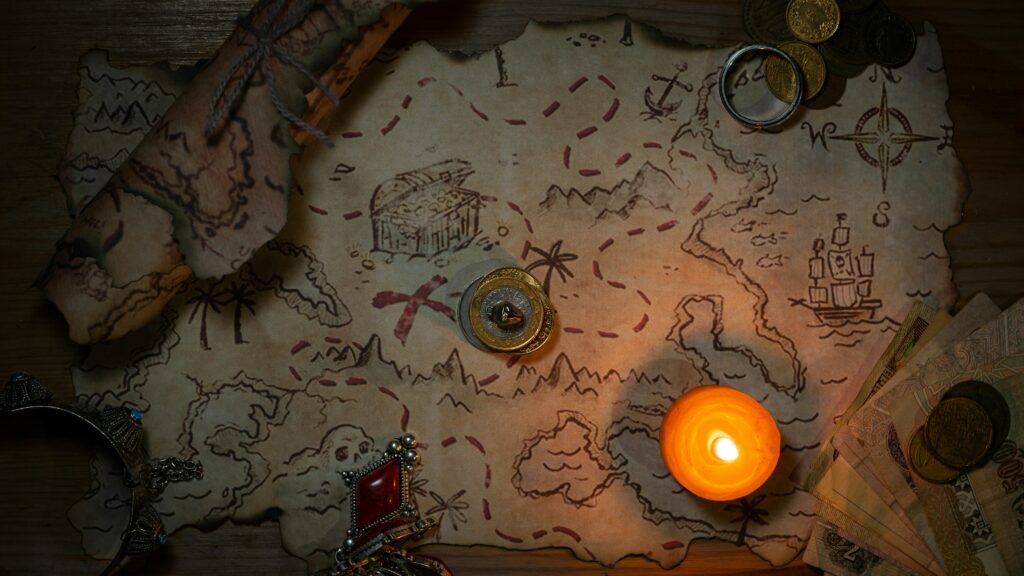 treasure map lit by a candle