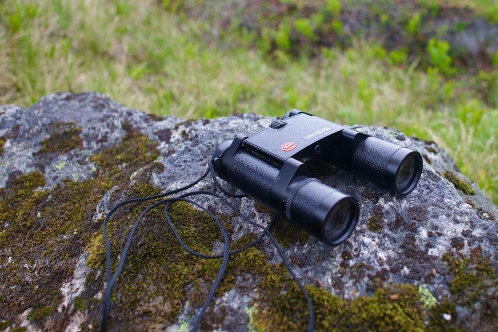 A pair of binoculars sitting on a rock